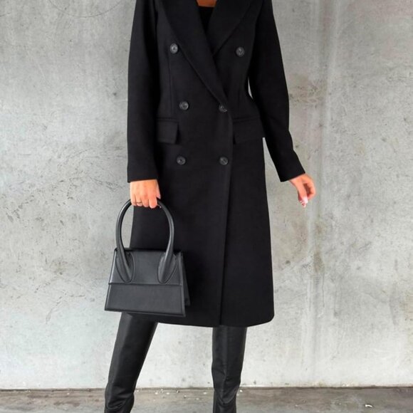 Womens Long Wool Coat Double Breasted Trench Coat Fall Winter Clothes - Picture 3 of 3